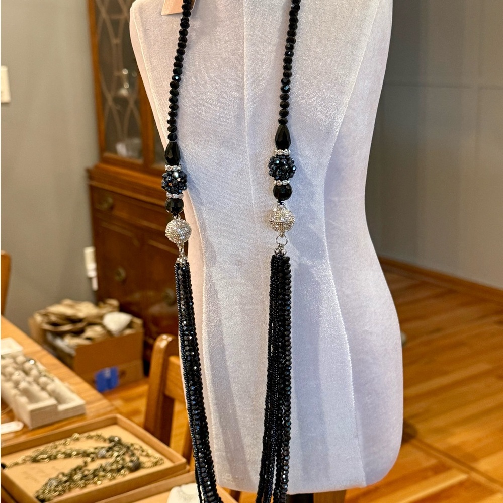 Elegant Black Beaded Necklace with Tassels